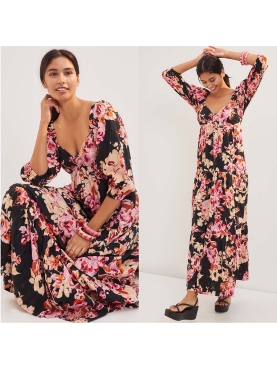 Anthropologie Dresses & Skirts - Anthropologie Somerset Floral Puff Sleeve Maxi Dress Black Pink Medium NWT